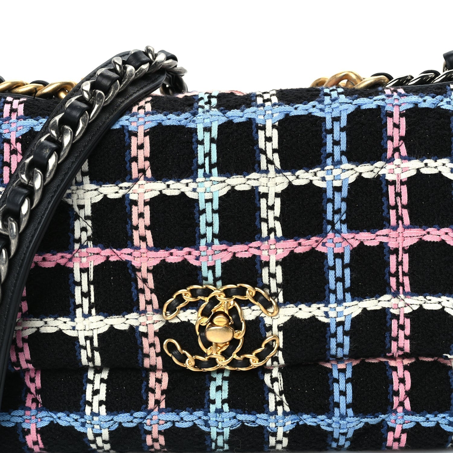 Chanel Tweed Quilted Medium 19 Flap Black Blue Pink