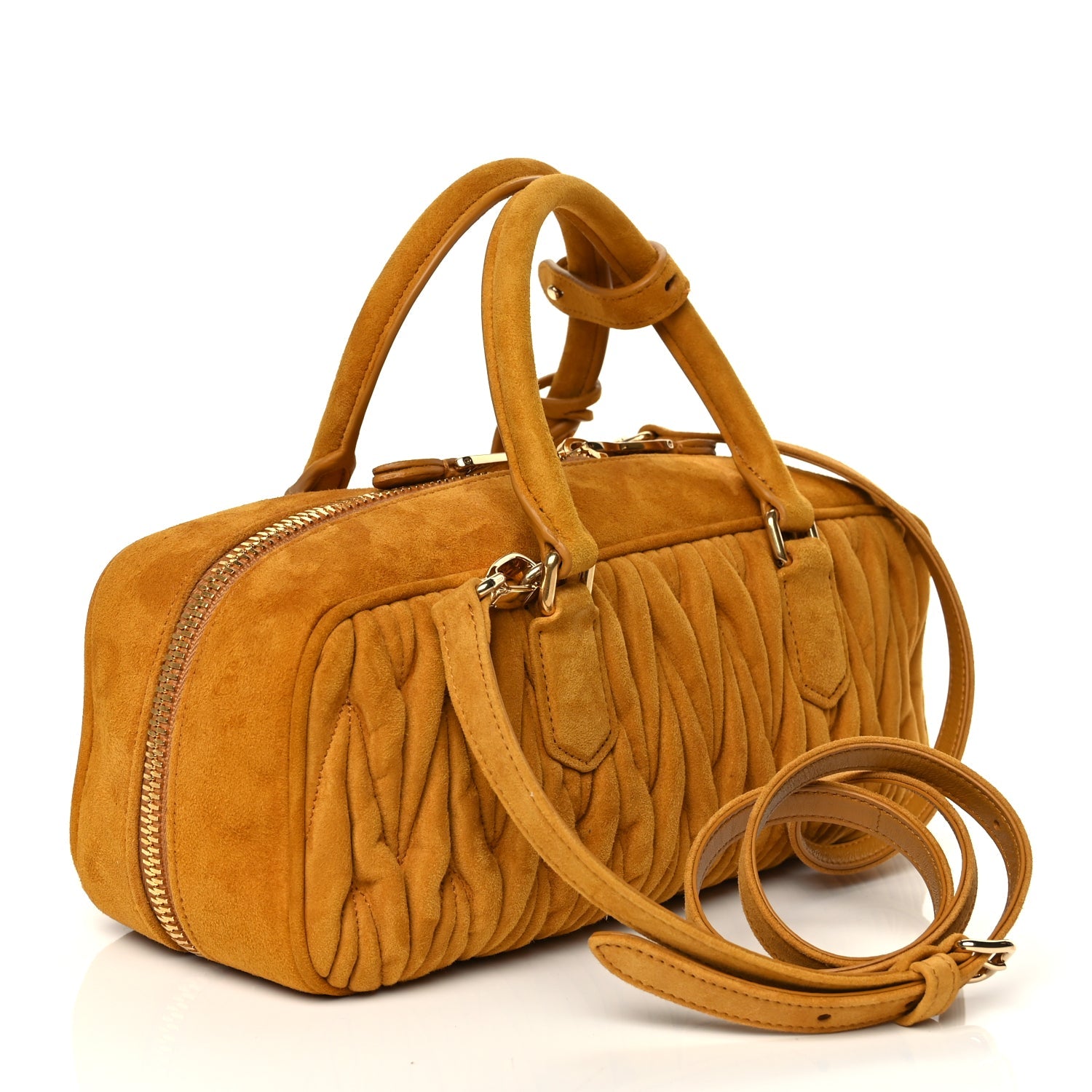 Miu Miu Suede Matelasse Large Arcadie Top Handle Bag Whiskey