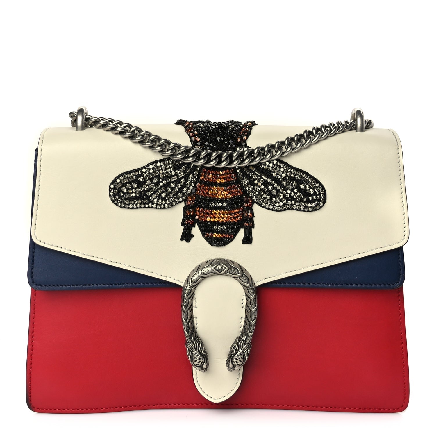 Gucci Calfskin Bee Embroidered Medium Dionysus Shoulder Bag White Blue Hibiscus Red