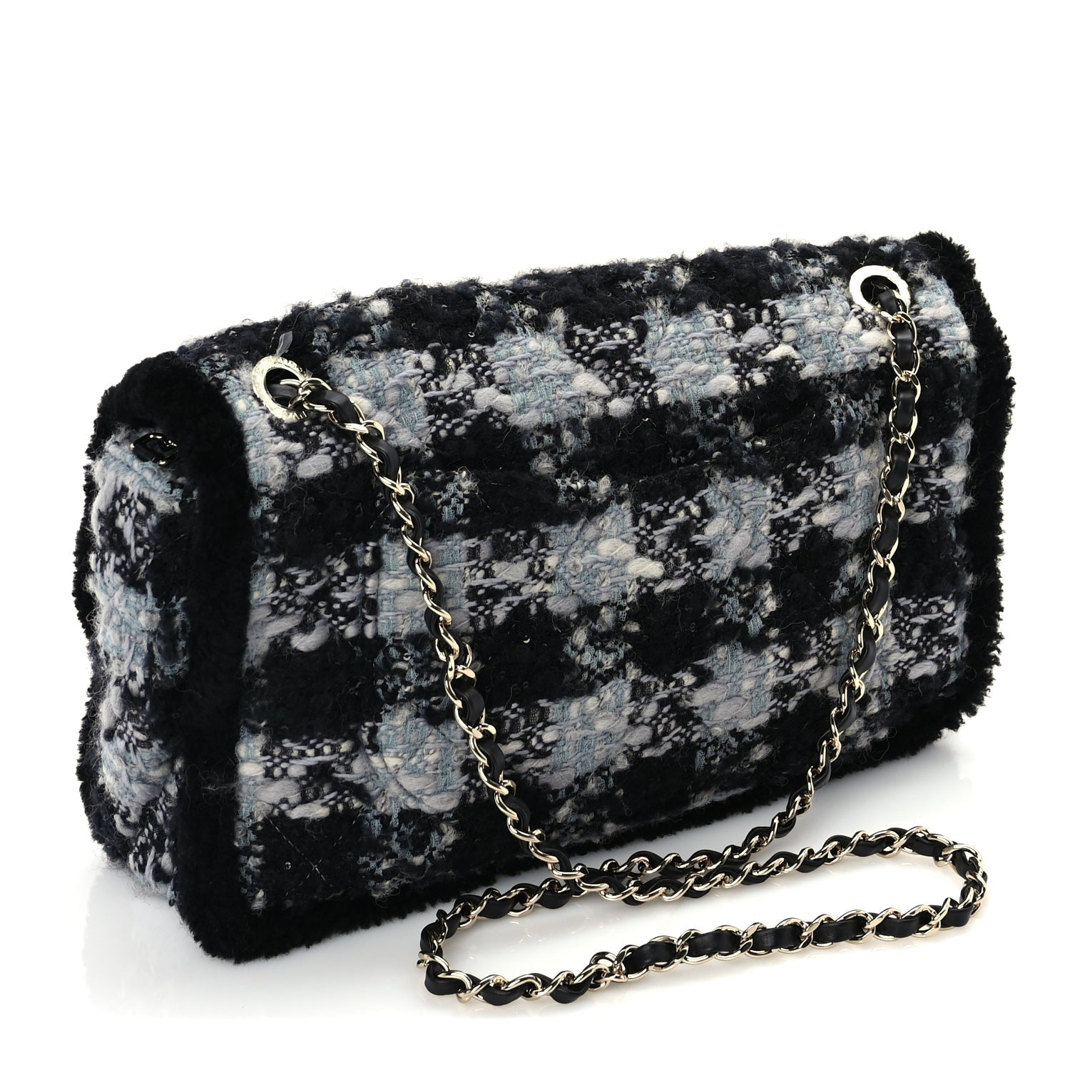 Chanel Tweed Shearling Large Flap Bag Blue Black