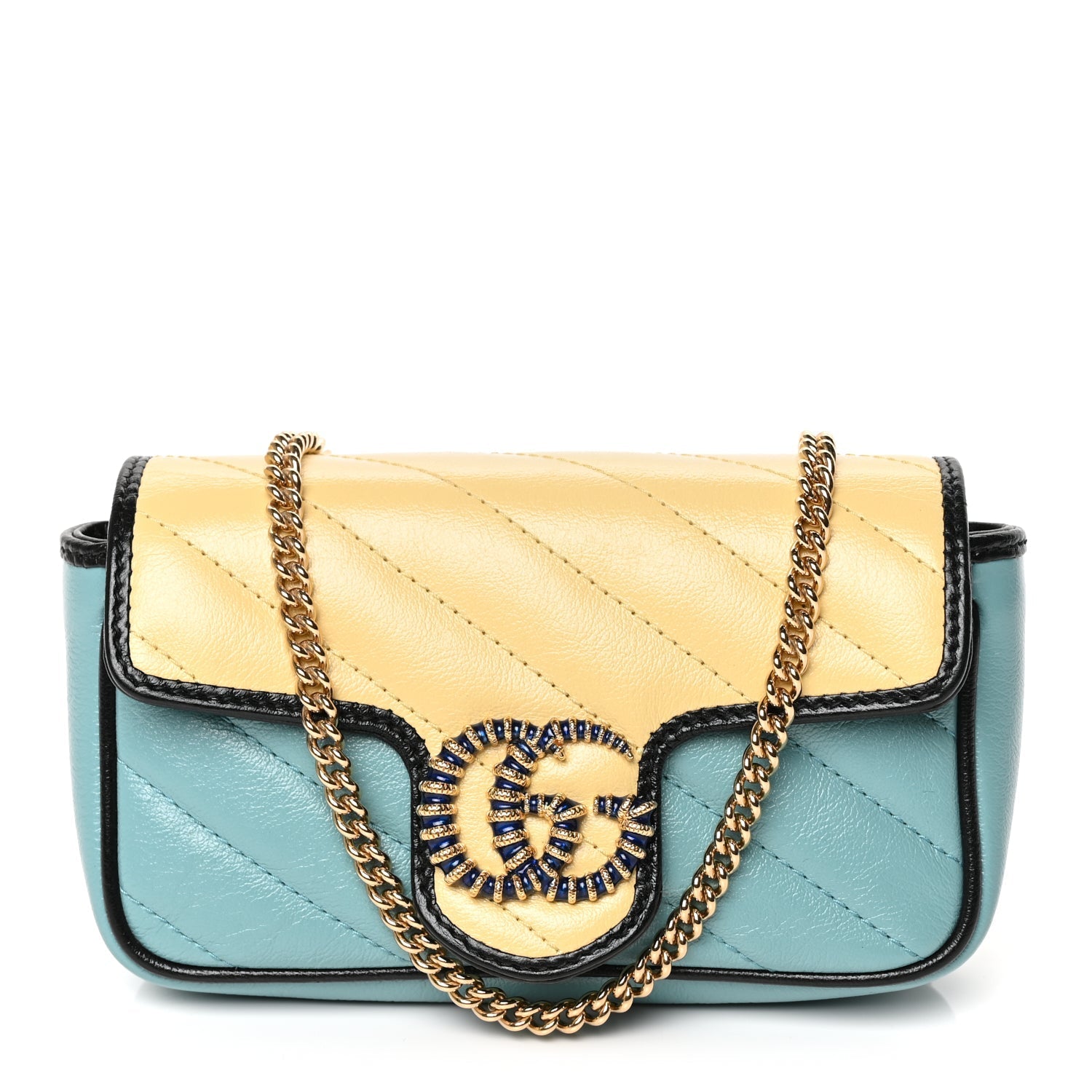 Gucci Azalea Calfskin Enamel Matelasse Diagonal Super Mini Torchon GG Marmont Shoulder Bag Butter Dusty Azure Black Electric Blue
