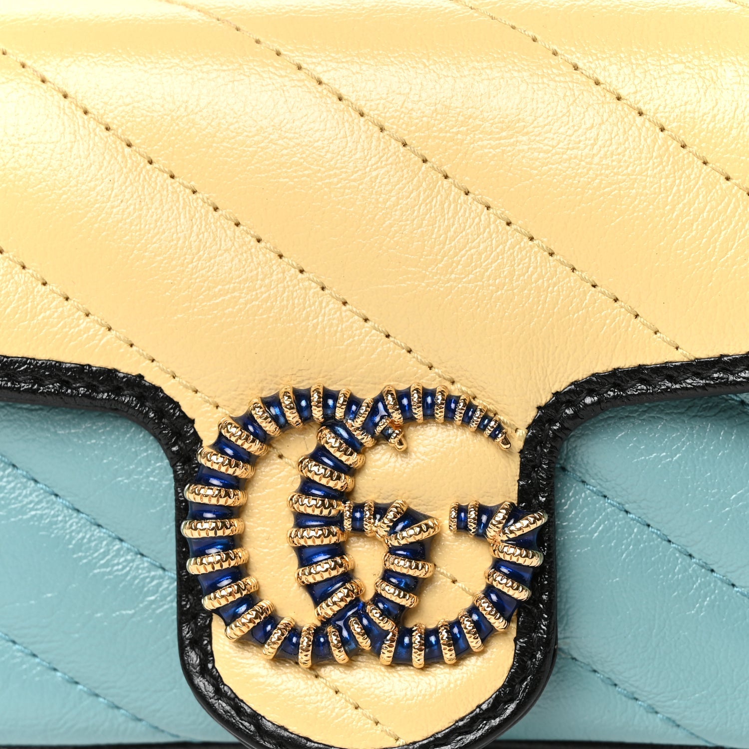 Gucci Azalea Calfskin Enamel Matelasse Diagonal Super Mini Torchon GG Marmont Shoulder Bag Butter Dusty Azure Black Electric Blue