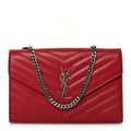 Saint Laurent Grain De Poudre Matelasse Chevron Monogram Chain Wallet New Red