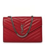 Saint Laurent Grain De Poudre Matelasse Chevron Monogram Chain Wallet New Red