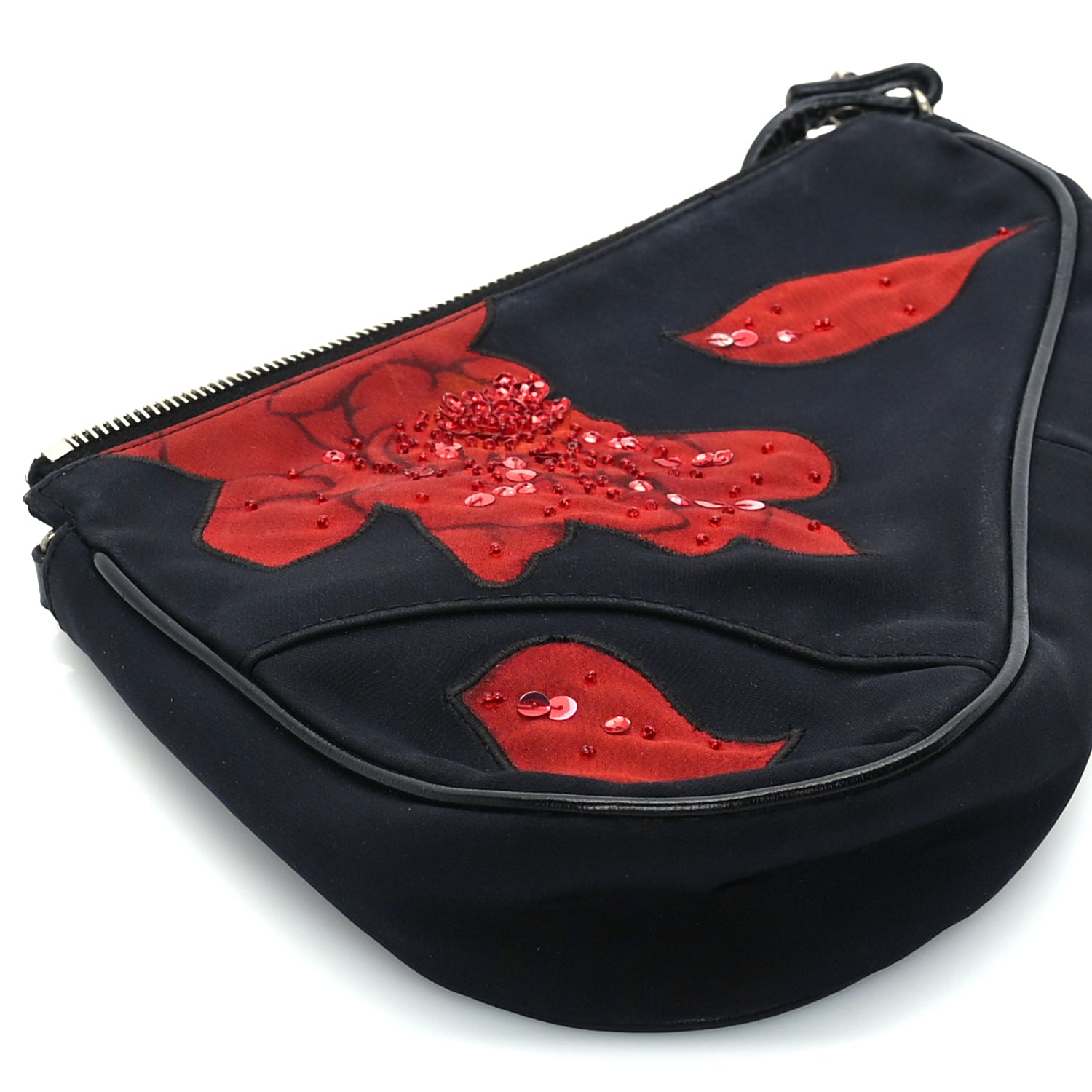 Christian Dior Canvas Stitched Flower Sequins Mini Saddle Pochette Black Red