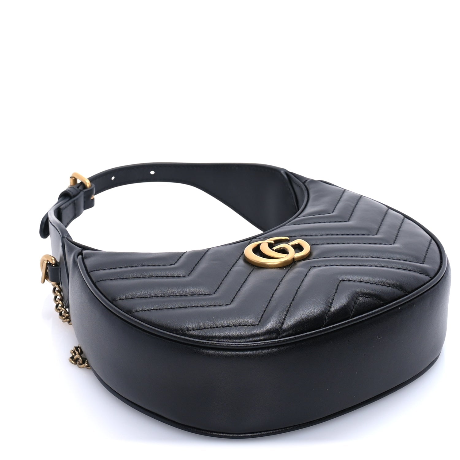 Gucci Calfskin Matelasse Chevron Mini GG Marmont Half Moon Hobo  Black