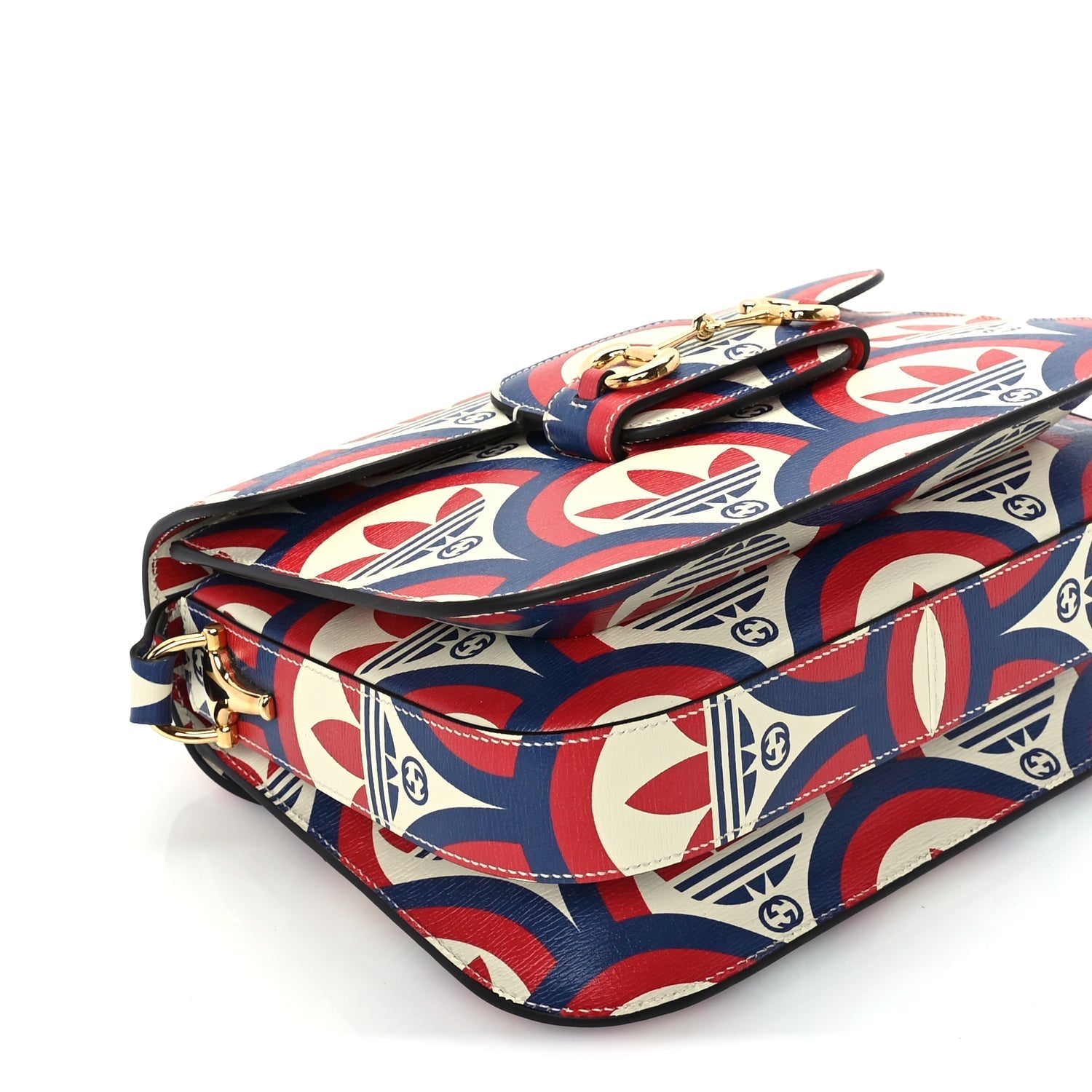 Gucci X ADIDAS Shangai Calfskin Web Trefoil Interlocking G Small Horsebit 1955 Shoulder Bag Red White Blue