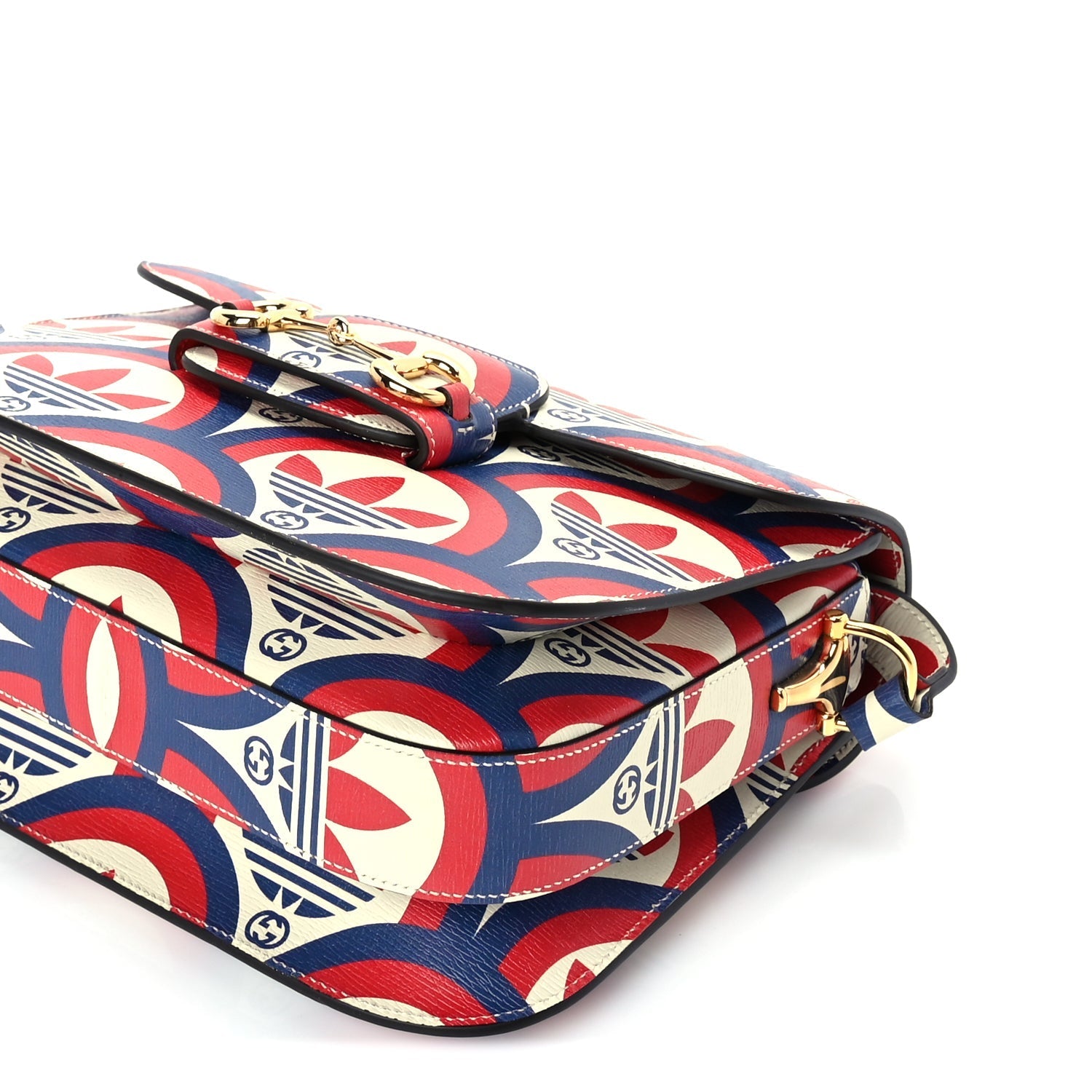 Gucci X ADIDAS Shangai Calfskin Web Trefoil Interlocking G Small Horsebit 1955 Shoulder Bag Red White Blue