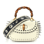 Gucci Boarded Dyana Lux Studded Calfskin Web Small Bamboo 1947 Top Handle Bag  Mystic White