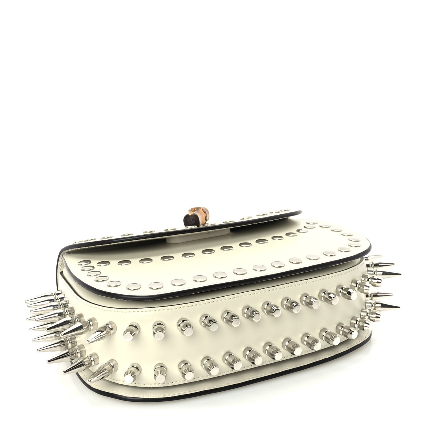 Gucci Boarded Dyana Lux Studded Calfskin Web Small Bamboo 1947 Top Handle Bag  Mystic White