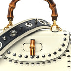 Gucci Boarded Dyana Lux Studded Calfskin Web Small Bamboo 1947 Top Handle Bag  Mystic White