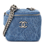 Chanel Denim Quilted Camellia Sweetheart Mini Vanity Case With Chain Blue