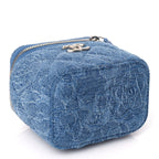 Chanel Denim Quilted Camellia Sweetheart Mini Vanity Case With Chain Blue
