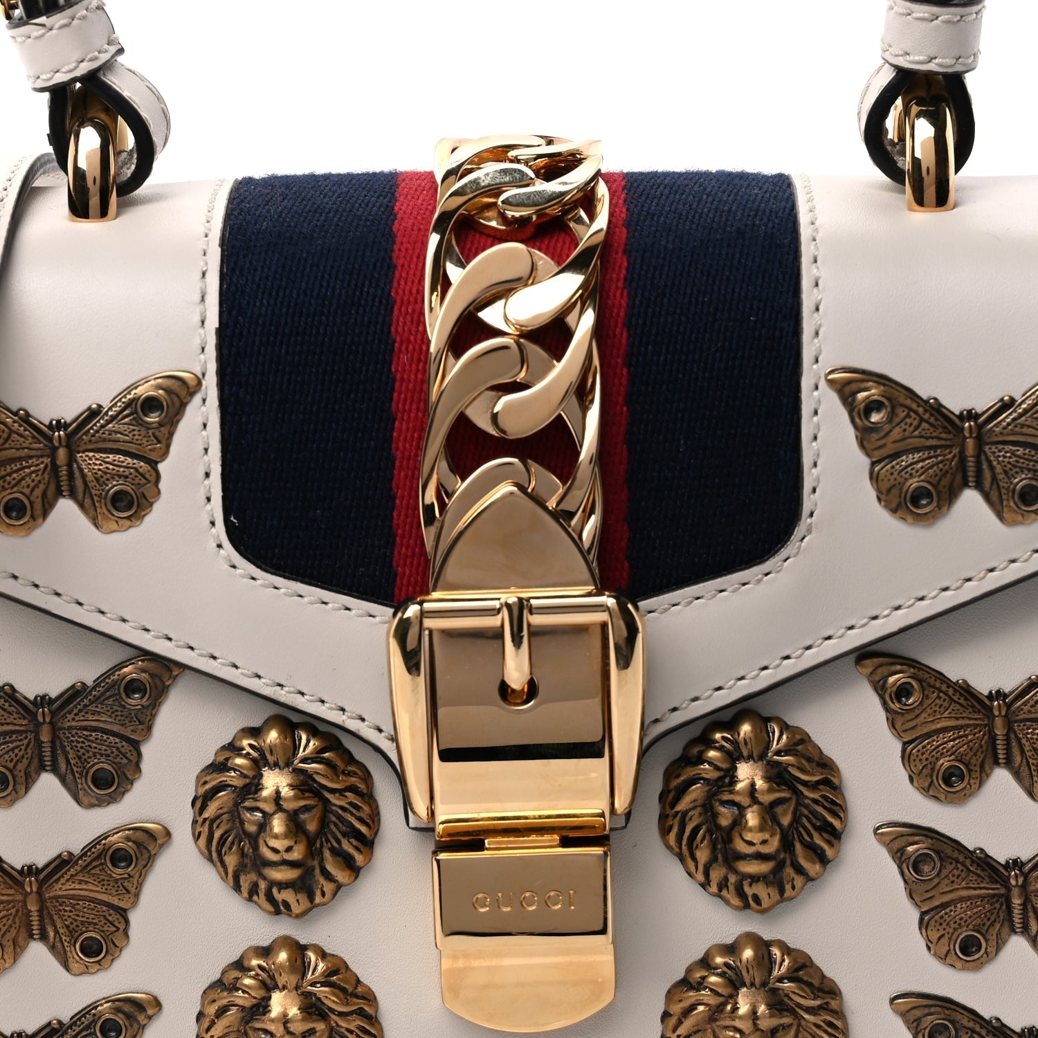 Gucci Calfskin Animal Studs Mini Sylvie Top Handle Bag White