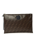 Fendi Glazed Fabric Vitello Century FF 1974 Stamp Patch Large Flat Pouch  Mogano Panna Black