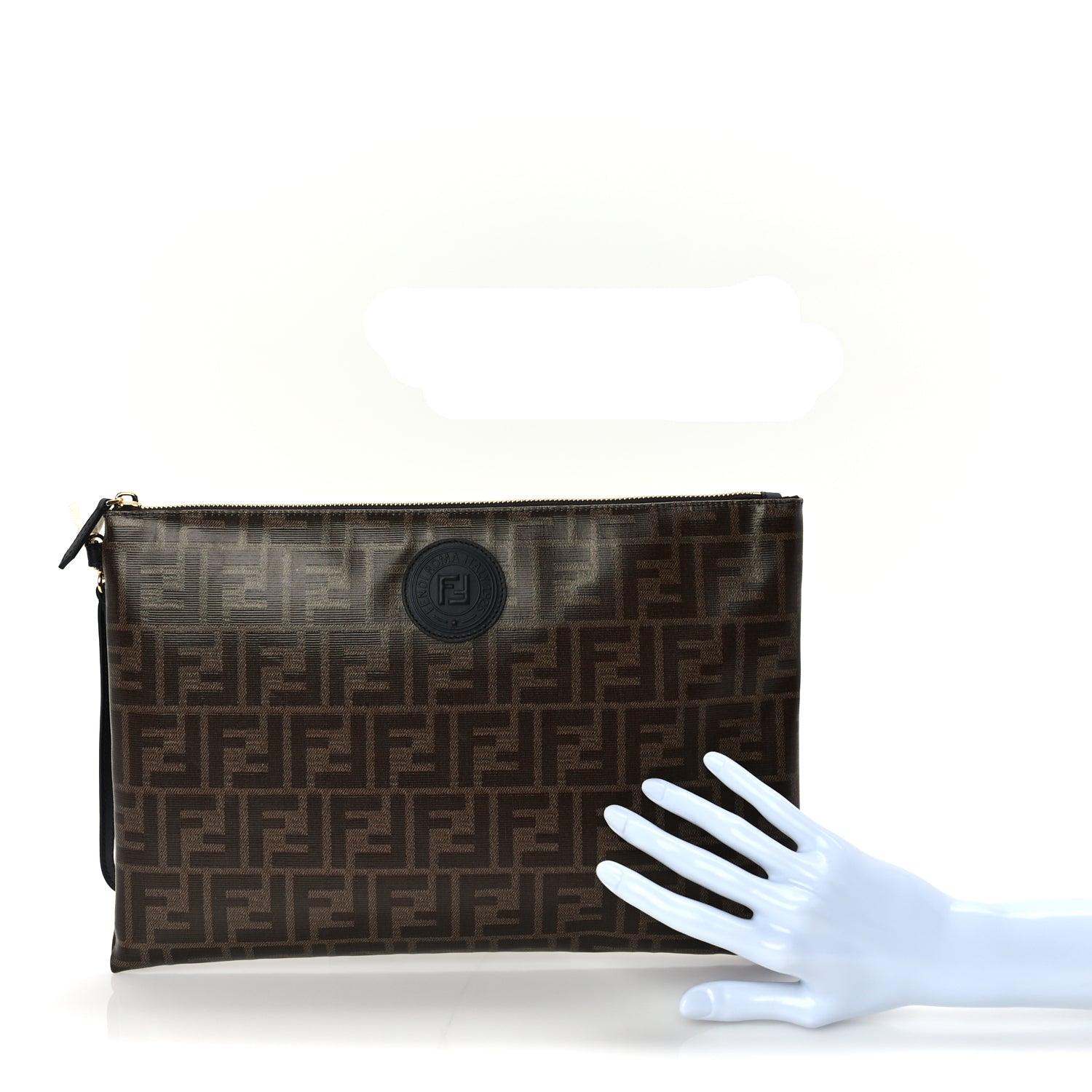 Fendi Glazed Fabric Vitello Century FF 1974 Stamp Patch Large Flat Pouch  Mogano Panna Black