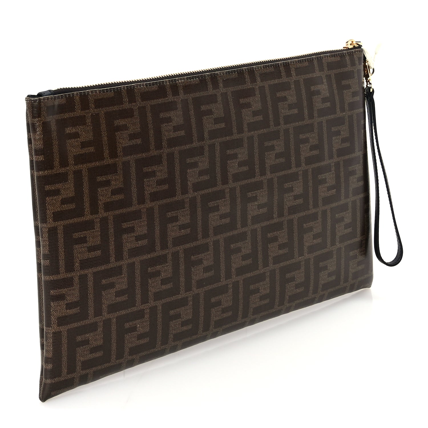 Fendi Glazed Fabric Vitello Century FF 1974 Stamp Patch Large Flat Pouch  Mogano Panna Black