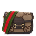 Gucci Monogram Jumbo GG Textured Dollar Calfskin Web Mini Horsebit 1955 Shoulder Bag Camel Ebony New Acero
