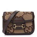 Gucci Monogram Jumbo GG Textured Dollar Calfskin Web Mini Horsebit 1955 Shoulder Bag Camel Ebony New Acero