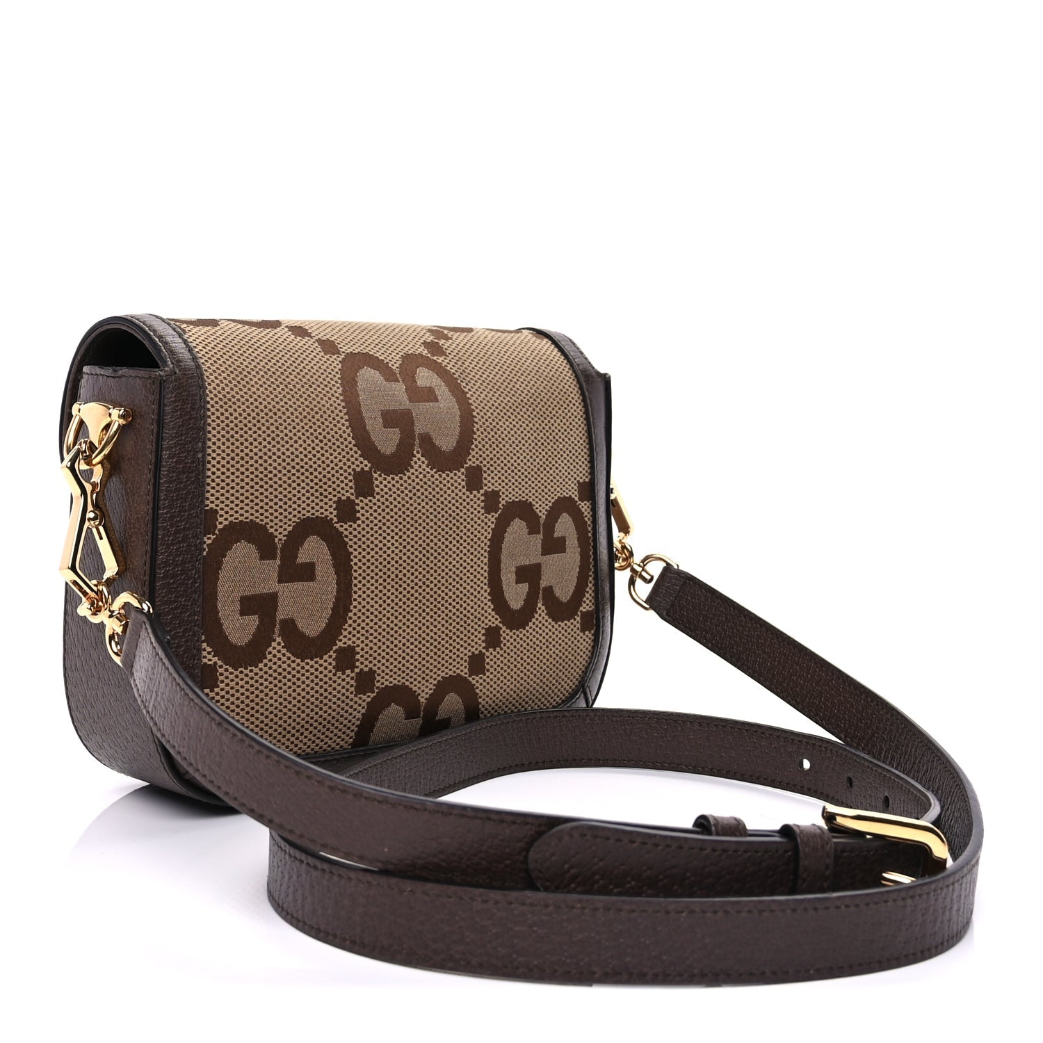 Gucci Monogram Jumbo GG Textured Dollar Calfskin Web Mini Horsebit 1955 Shoulder Bag Camel Ebony New Acero