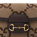 Gucci Monogram Jumbo GG Textured Dollar Calfskin Web Mini Horsebit 1955 Shoulder Bag Camel Ebony New Acero
