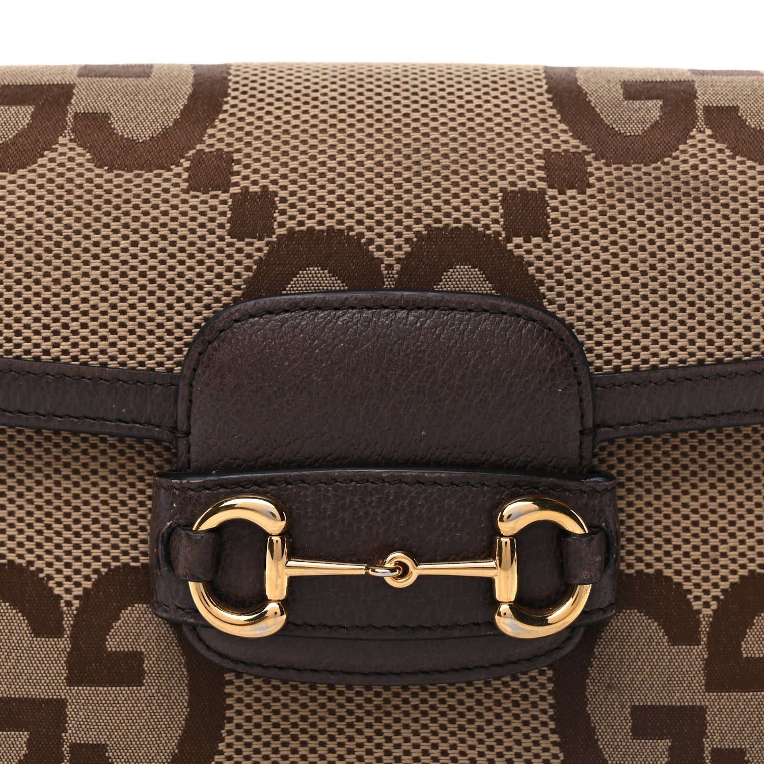 Gucci Monogram Jumbo GG Textured Dollar Calfskin Web Mini Horsebit 1955 Shoulder Bag Camel Ebony New Acero