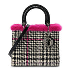 Christian Dior Tweed Crocodile Mink Plaid Medium Lady Dior Black Pink White