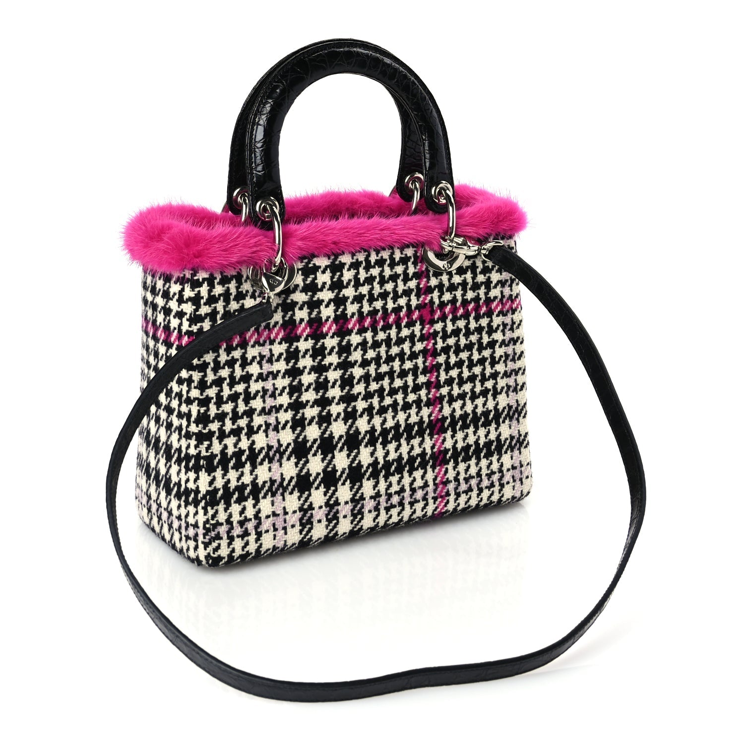 Christian Dior Tweed Crocodile Mink Plaid Medium Lady Dior Black Pink White