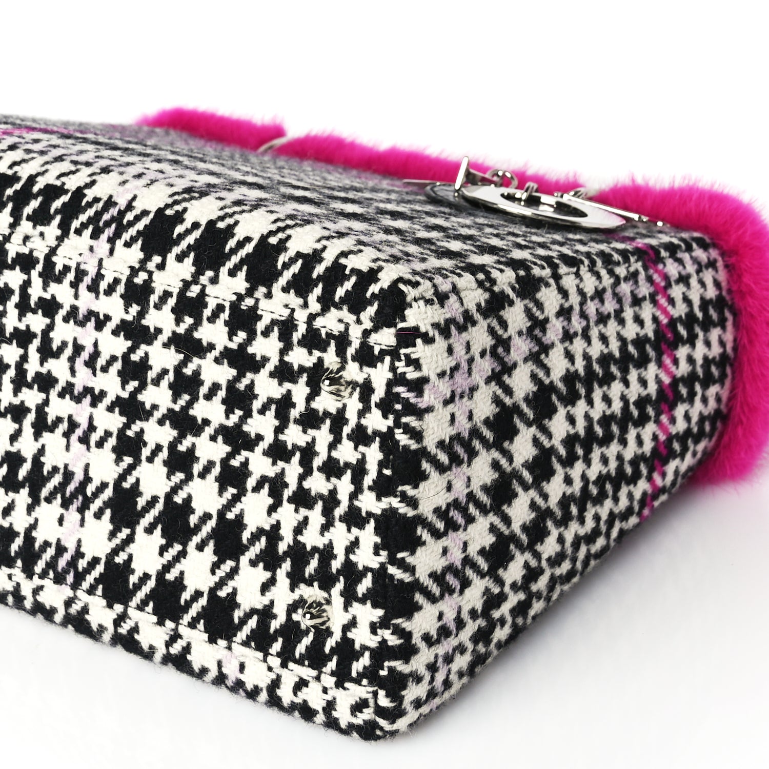 Christian Dior Tweed Crocodile Mink Plaid Medium Lady Dior Black Pink White