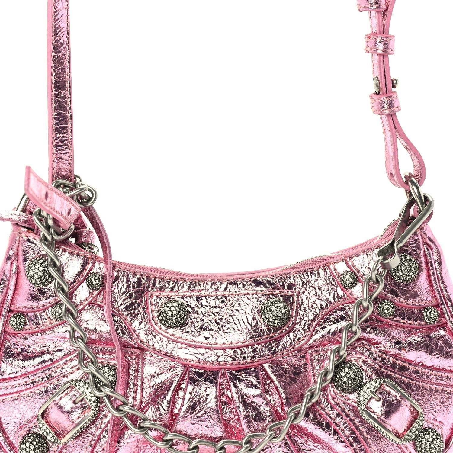 Balenciaga Metallic Agneau Arena Crystal Le Cagole Mini Purse With Chain Met Pink
