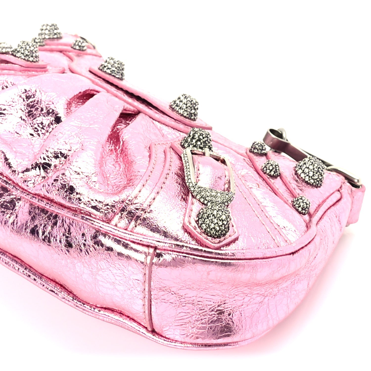 Balenciaga Metallic Agneau Arena Crystal Le Cagole Mini Purse With Chain Met Pink