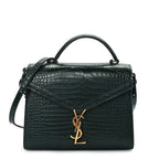 Saint Laurent Calfskin Crocodile Embossed Medium Classic Monogram Cassandra Top Handle Dark Mint