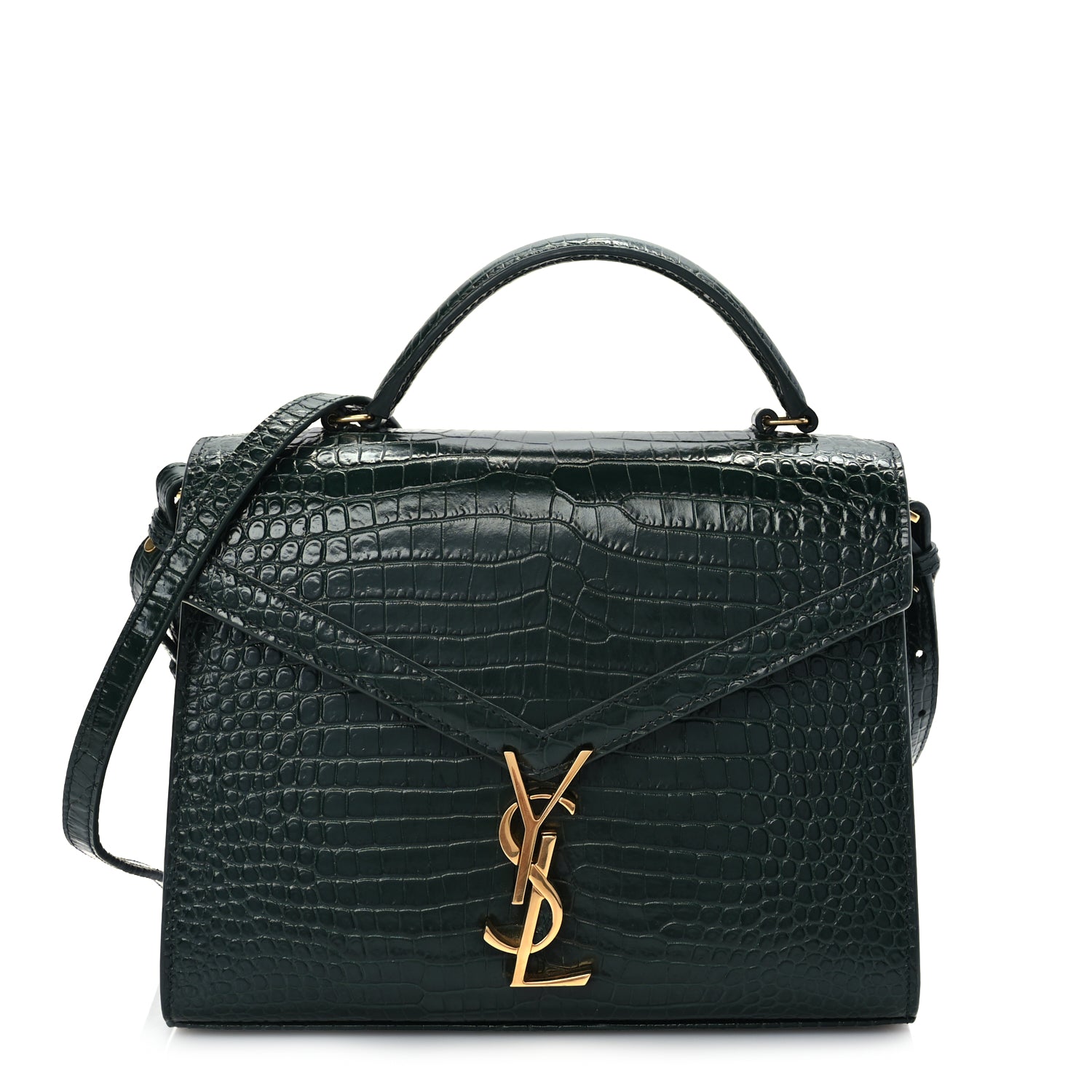 Saint Laurent Calfskin Crocodile Embossed Medium Classic Monogram Cassandra Top Handle Dark Mint