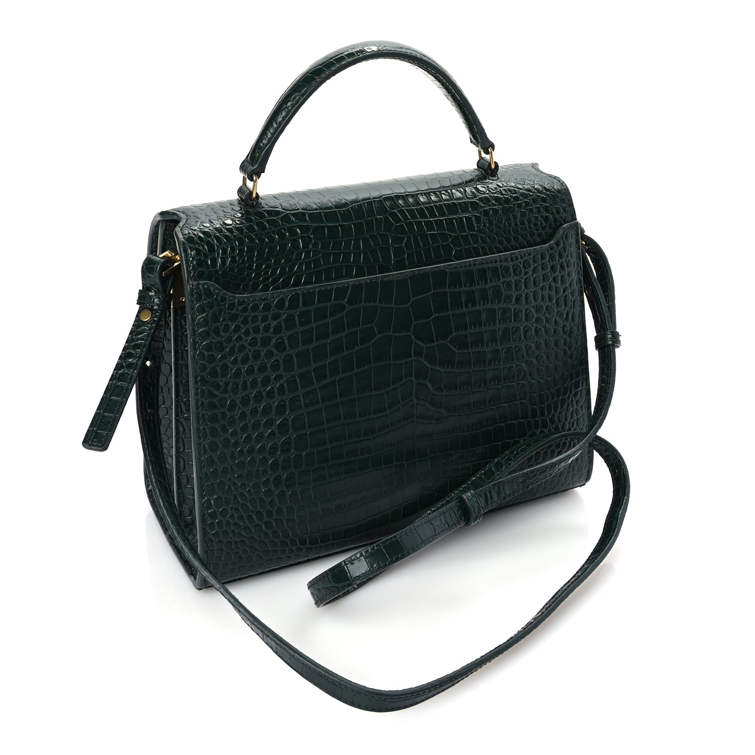 Saint Laurent Calfskin Crocodile Embossed Medium Classic Monogram Cassandra Top Handle Dark Mint