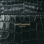 Saint Laurent Calfskin Crocodile Embossed Medium Classic Monogram Cassandra Top Handle Dark Mint