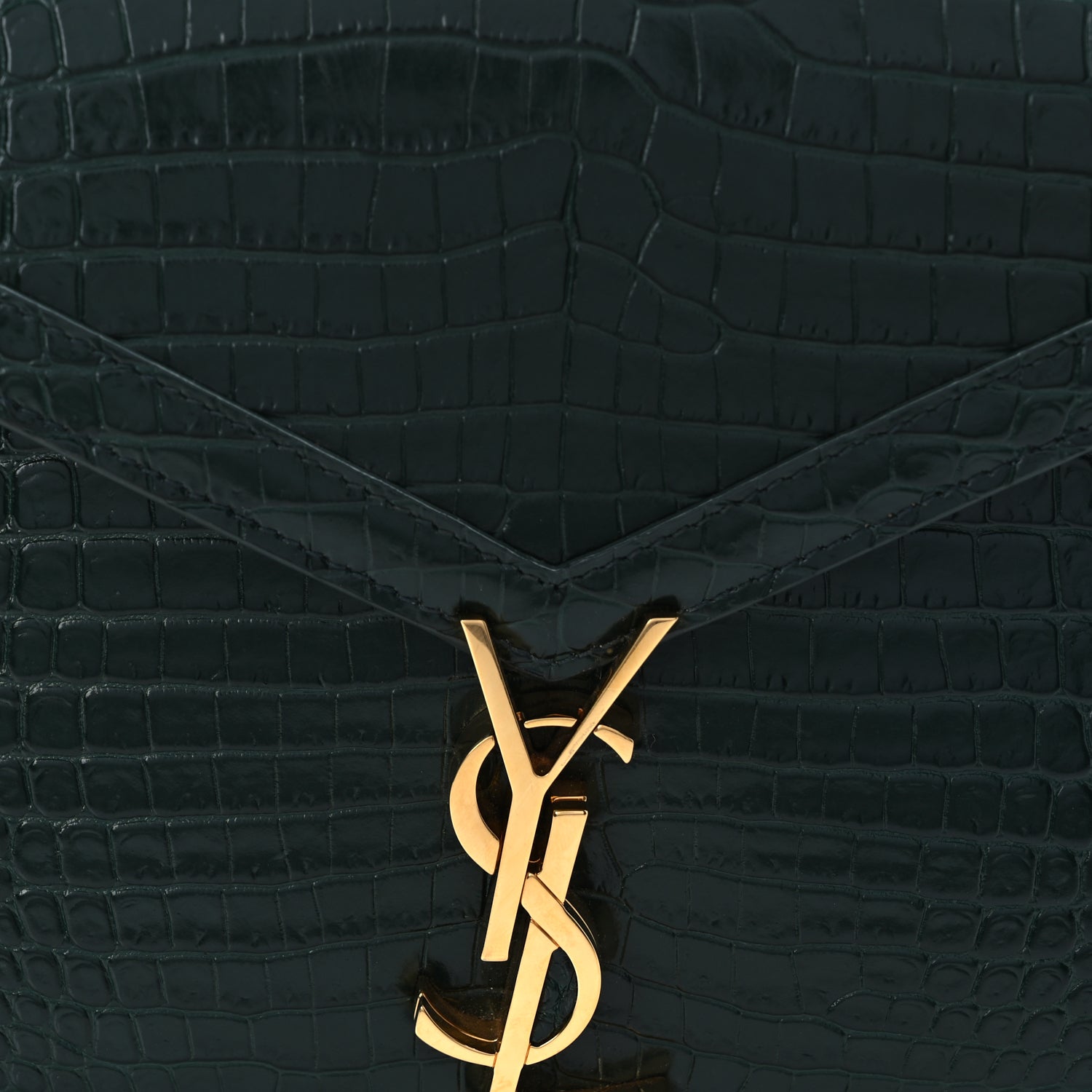 Saint Laurent Calfskin Crocodile Embossed Medium Classic Monogram Cassandra Top Handle Dark Mint