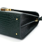 Saint Laurent Calfskin Crocodile Embossed Medium Classic Monogram Cassandra Top Handle Dark Mint