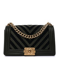Chanel Fabric Chevron Braided Medium Boy Flap Black Dark Green
