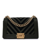 Chanel Fabric Chevron Braided Medium Boy Flap Black Dark Green