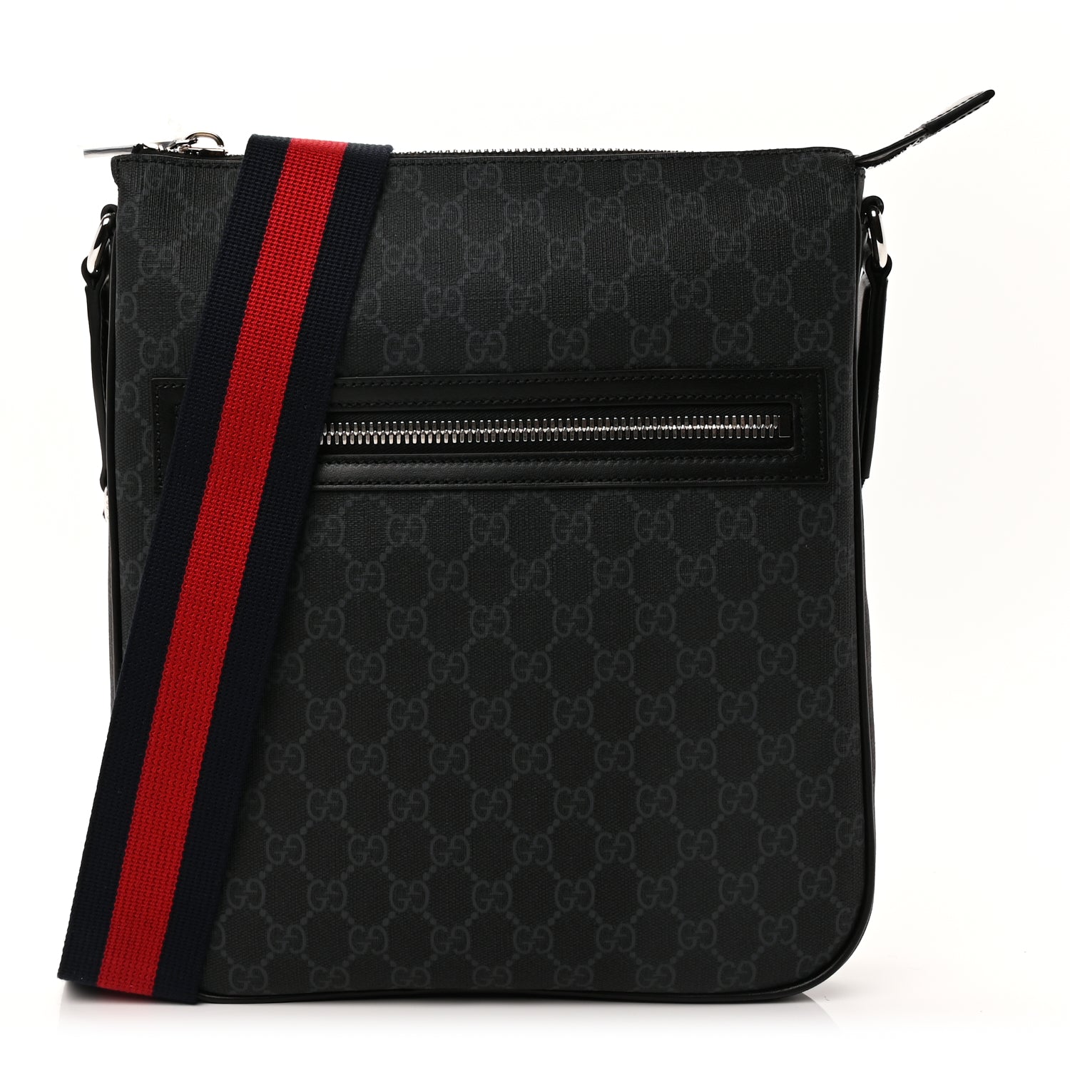Gucci GG Supreme Monogram Appia Calfskin Web Large Messenger Bag Black Grey