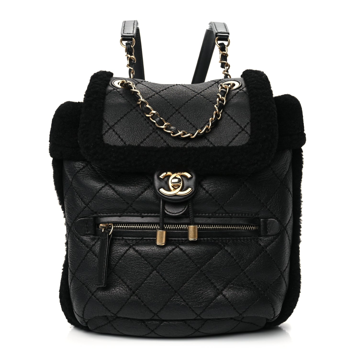 Chanel Lambskin Shearling Quilted CC Backpack Black