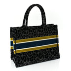 Christian Dior Velvet Mizza Embroidered Medium Leopard Book Tote Black Yellow Blue