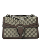 Gucci GG Supreme Monogram Textured Dollar Calfskin Top Handle Dionysus Shoulder Bag Beige Ebony New Acero