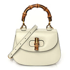Gucci Boarded Dyana Lux Calfskin Web Mini Bamboo 1947 Top Handle Bag Mystic White