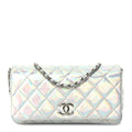 Chanel Iridescent Mirror Goatskin Quilted Clutch With Chain  Silver
