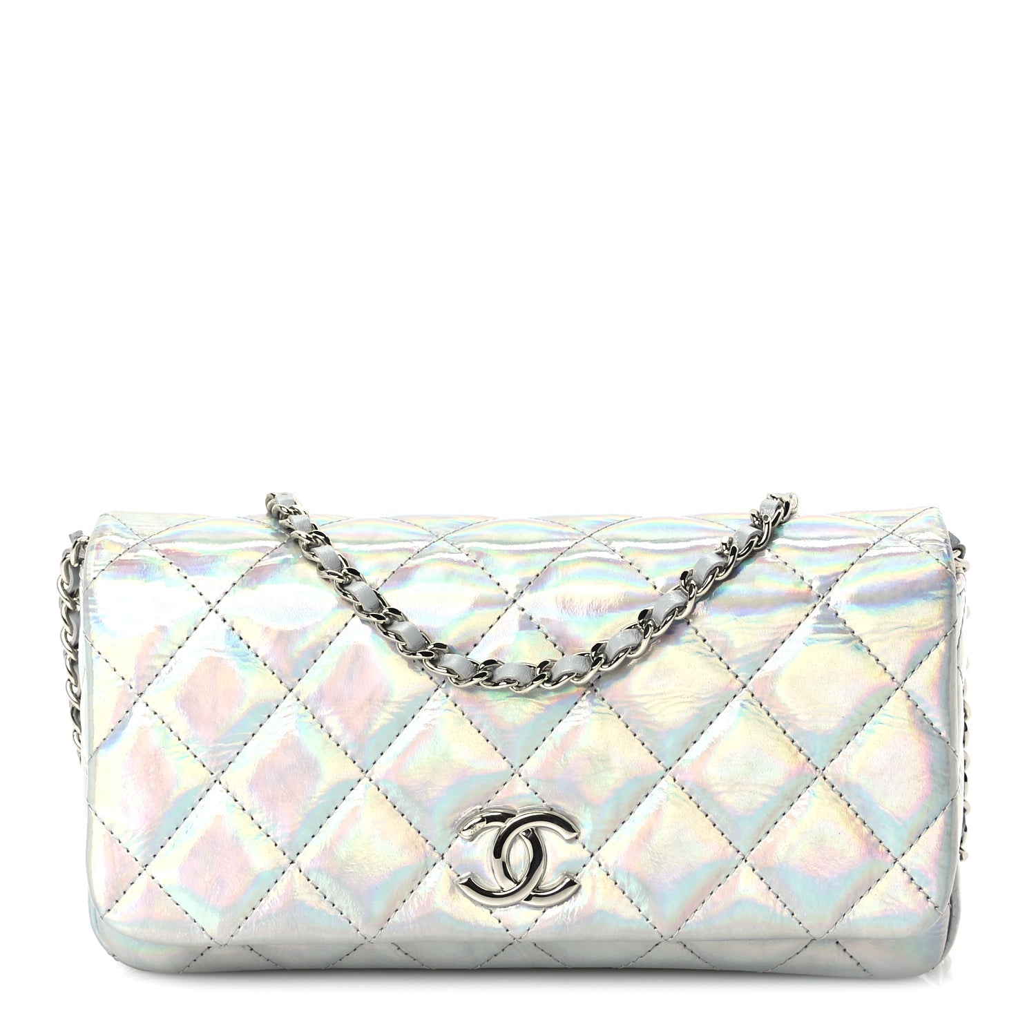 Chanel Iridescent Mirror Goatskin Quilted Clutch With Chain  Silver