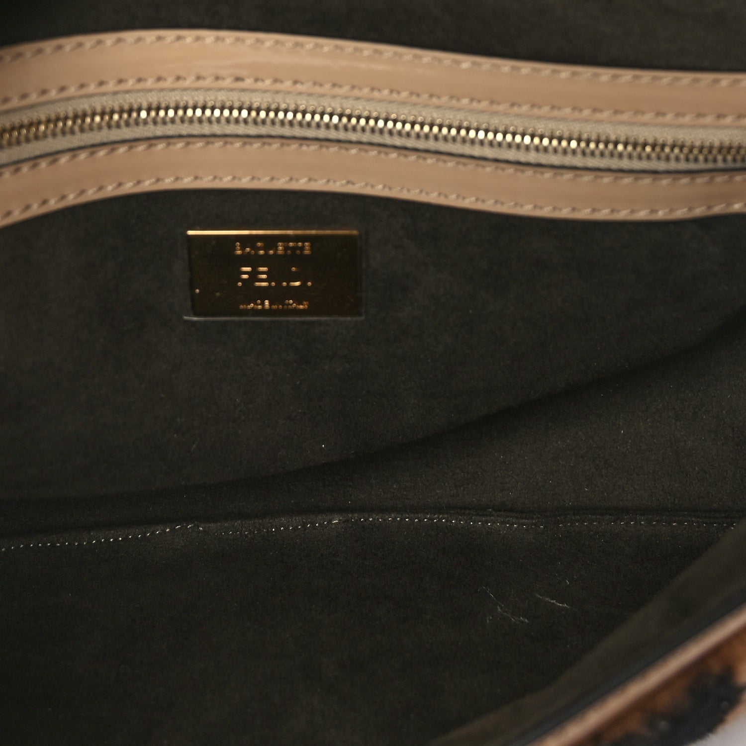 Fendi Shearling Vitello Vernice Mou Pequin Striped Baguette  Tobacco Black Tortora