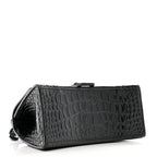 Balenciaga Shiny Calfskin Monochrome Crocodile Embossed Small Hourglass Top Handle Bag Black
